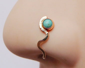 gold nose cuff with turquoise stone, fake nose ring with gemstone, no piercing needed clip on nose jewelry, adjustable, gift for girlfriend