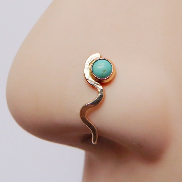 Manchette de nez en or avec pierre turquoise, faux anneau de nez avec pierre précieuse, aucun piercing nécessaire clip sur les bijoux de nez, réglable, cadeau pour petite amie