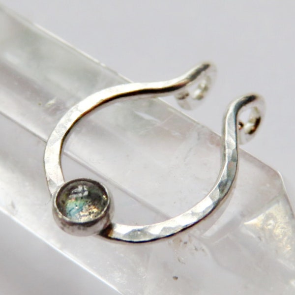 fake septum ring in sterling silver with labradorite, faux nose hoop, no piercing required clip on septum jewelry in snug or loose fitting