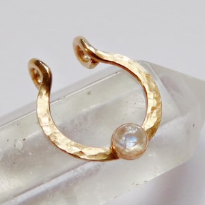 moonstone faux septum ring in gold filled, fake nose piercing, clip on nose ring, no piercing required hammered gemstone septum hoop