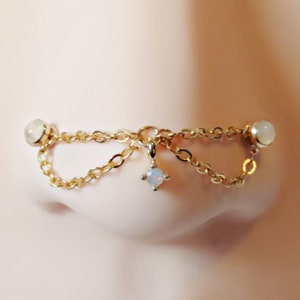 opal nose chain 14k gold filled, double piercing chain connector, 2 dainty gold filled chains in preset or custom sizes, 2cm, 3cm, 4cm, 5cm