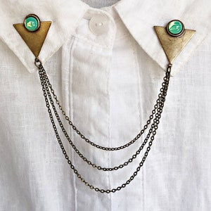 triangle green opal collar pins, chain pin, collar chain, collar brooch, lapel pin, triangle pin,  triangle chain pin