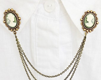 green cameo collar pins, cameo collar chains, collar brooch, cameo sweater pins, cameo sweater clips, lapel pin, cameo pin, cameo brooch