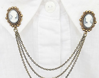 blue cameo collar pins, cameo collar chains, collar brooch, cameo sweater pins, cameo sweater clips, lapel pin, cameo pin, cameo brooch