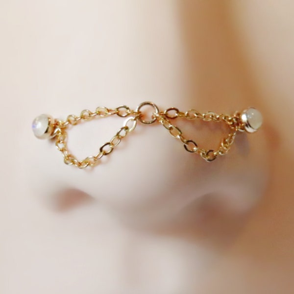 gold nose chain, 14k gold filled double piercing chain connector, 2 dainty gold filled chains in preset or custom sizes, 2cm, 3cm, 4cm, 5cm