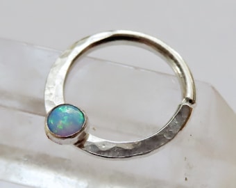 opal septum ring, sterling silver septum ring, hammered septum ring, opal nose ring,  blue opal septum ring, small septum ring