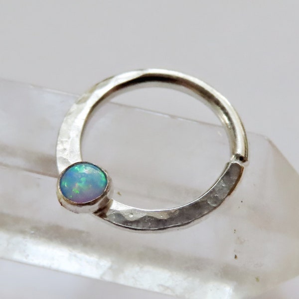 opal septum ring, sterling silver septum ring, hammered septum ring, opal nose ring,  blue opal septum ring, small septum ring