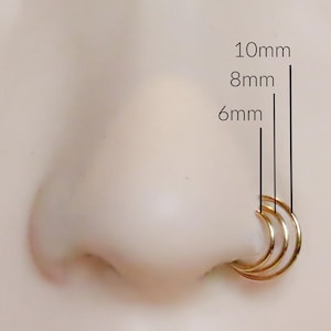 May include: Close-up of a nose with three gold-colored nose rings. The image shows the rings are 6mm, 8mm, and 10mm in diameter. The rings are circular and sit on the nostril.