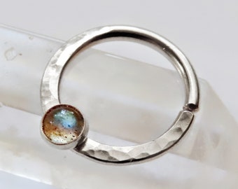 silver daith earring with labradorite, hammered daith ring, available in 22 gauge, 20 gauge, 18 gauge, 16 gauge, 8mm, 9mm, 10mm diameter