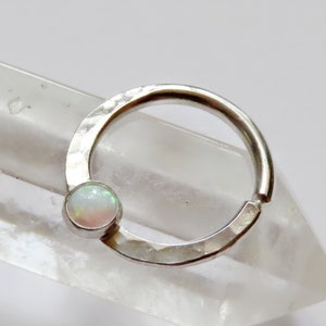 white opal septum ring, sterling silver septum ring, hammered septum ring, opal nose ring, opal septum ring, small septum ring