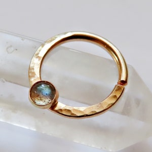 gold filled daith earring with labradorite stone, daith piercing available in 22, 20, 18, and 16 gauges and 8mm, 9mm, 10mm diameter