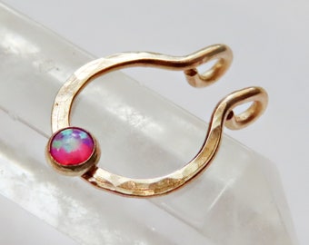 gold filled fake septum ring in pink opal, faux nose hoop, no piercing required clip on septum jewelry in snug or loose fitting, hammered