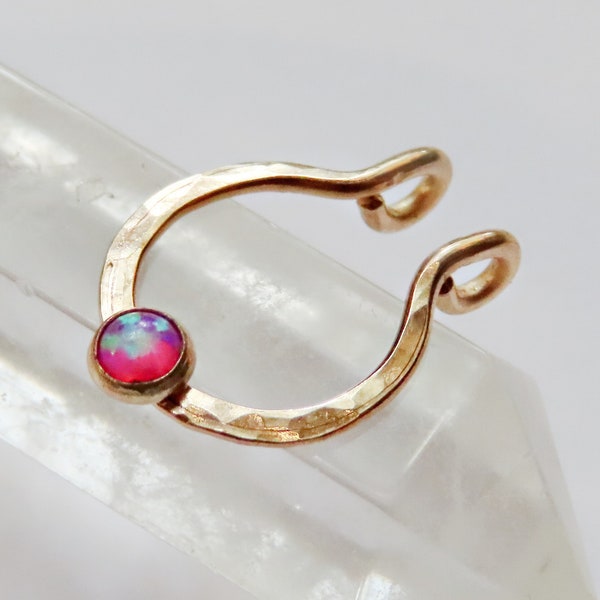 gold filled fake septum ring in pink opal, faux nose hoop, no piercing required clip on septum jewelry in snug or loose fitting, hammered