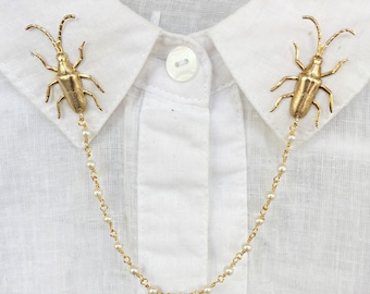 insect pearl collar pins, bee collar pins, sweater pins, collar chain, collar brooch, lapel pin, insect pin, pearl brooch, bee brooch