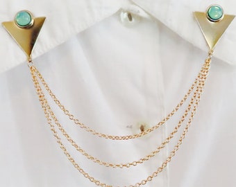 triangle collar pins with green opal, gold lapel pins, sweater pins, collar pins with chains, 3 chains collar pins, geometric brooches