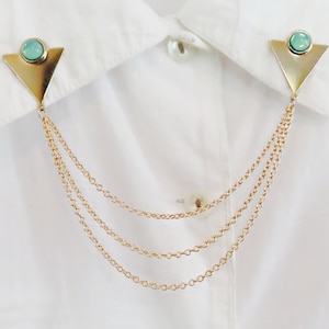 triangle collar pins with green opal, gold lapel pins, sweater pins, collar pins with chains, 3 chains collar pins, geometric brooches