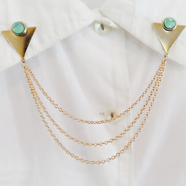 triangle collar pins with green opal, gold lapel pins, sweater pins, collar pins with chains, 3 chains collar pins, geometric brooches