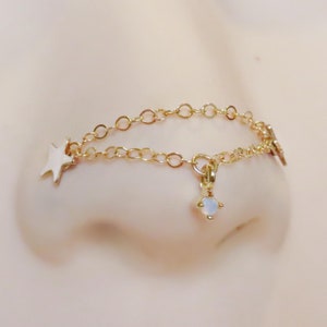 Chaîne de nez double en or avec opale, chaîne de nez remplie d'or 14 carats pour double piercing, chaîne de nez de mesure personnalisée, connecteur d'anneau de nez