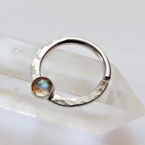 labradorite septum ring, sterling silver septum ring, hammered septum ring, stone nose ring,  gemstone septum ring, small septum ring