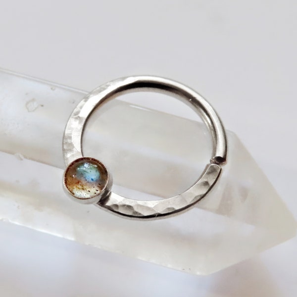 labradorite septum ring, sterling silver septum ring, hammered septum ring, stone nose ring,  gemstone septum ring, small septum ring