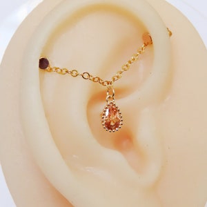 industrial piercing chain in gold filled with peach CZ stone, helix ring chain attachment, chain earring jacket with peach cubic zirconia