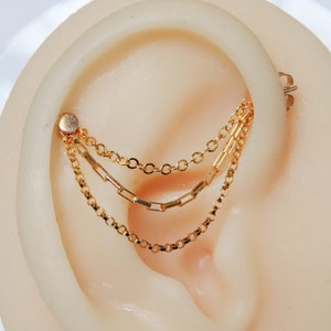 industrial piercing chain connector in gold filled, helix ring triple chain attachment, earring jacket cartilage ring chain