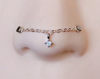 silver nose chain with opal, sterling silver nose chain for double piercing, custom measurement nose chain, nose ring connector