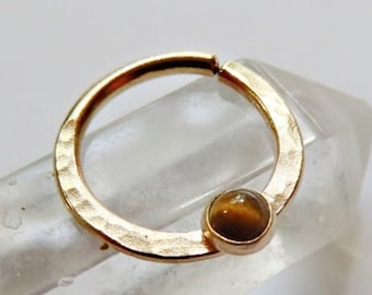 tigers eye septum ring 14k gold filled, gemstone hammered septum hoop in 8mm, 9mm, 10mm diameter, 20 gauge, 18 gauge, 16 gauge, tigereye