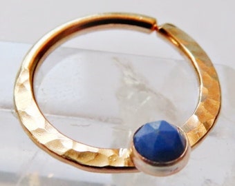 Lapis Lazuli Gold Filled Septum Ring, Hammered Texture