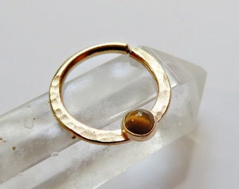 tigers eye septum ring 14k gold filled, gemstone hammered septum hoop in 8mm, 9mm, 10mm diameter, 20 gauge, 18 gauge, 16 gauge, tigereye