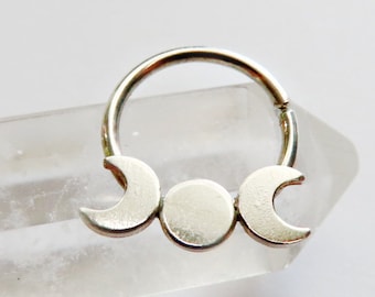 moon phases septum ring 16 18 or 20 gauge, sterling silver moon septum ring, moon goddess septum ring, 3 moons septum ring, septum jewelry