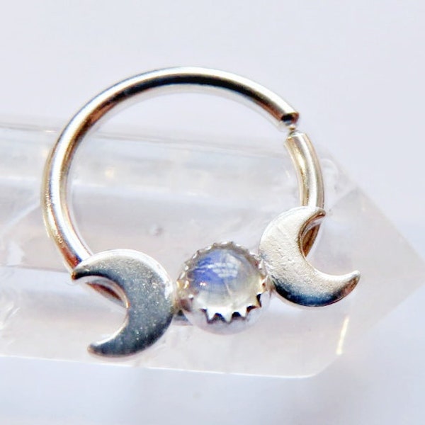 moon phases septum ring, moonstone septum ring,  sterling silver septum ring, stone nose ring,  gemstone septum ring, small septum ring