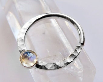 moonstone septum ring, sterling silver septum ring, hammered septum ring, stone nose ring,  gemstone septum ring, small septum ring