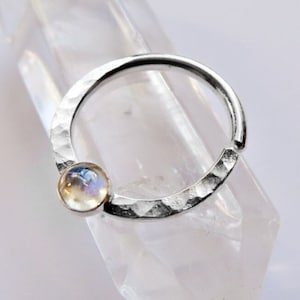 moonstone septum ring, sterling silver septum ring, hammered septum ring, stone nose ring,  gemstone septum ring, small septum ring
