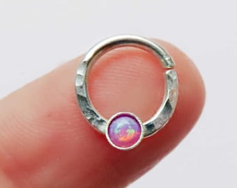 purple opal septum ring, sterling silver septum ring, hammered septum ring, opal nose ring, opal septum ring, small septum ring