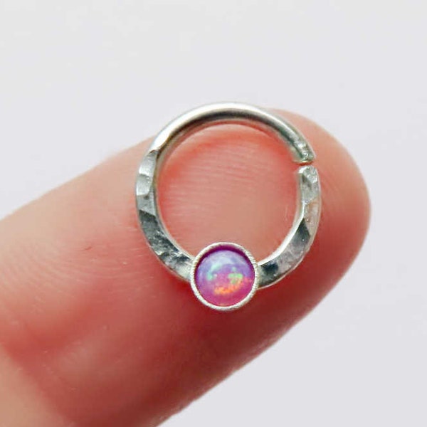 purple opal septum ring, sterling silver septum ring, hammered septum ring, opal nose ring, opal septum ring, small septum ring