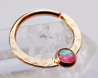 gold pink opal septum ring, gold filled septum hoop, 8mm septum ring, 10mm septum ring, 20 gauge septum ring, pink opal nose ring