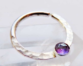 amethyst septum ring, sterling silver septum ring, hammered septum ring, stone nose ring,  gemstone septum ring, small septum ring