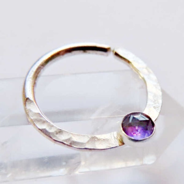 amethyst septum ring, sterling silver septum ring, hammered septum ring, stone nose ring,  gemstone septum ring, small septum ring