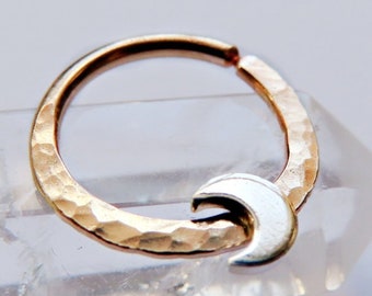 moon septum ring in gold filled with hammered finish, celestial septum jewelry available in 16 gauge, 18 gauge, 20 gauge and 8, 9, 10mm