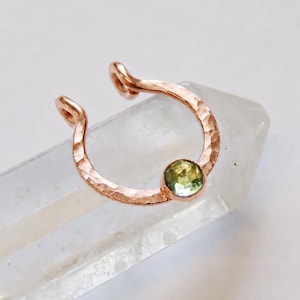 fake septum ring in rose gold with a peridot stone, faux nose hoop, no piercing required septum jewelry in snug fitting or loose fitting