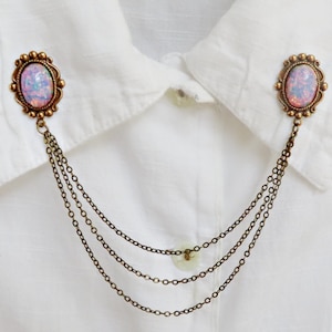 pink opal collar pins, collar chain, collar brooch, lapel pin, pink opal pin, pink opal brooch