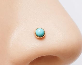 turquoise nose stud 14k gold filled, small L shape gemstone nose stud in gold filled, 6mm long minimalist nose stud with turquoise gem