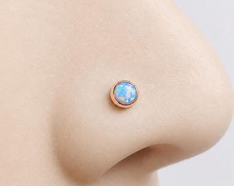 blue opal nose stud 14k gold filled, small L shape gemstone nose stud in gold filled, 6mm long minimalist nose stud with light blue opal