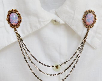 pink opal collar pins, collar chain, collar brooch, lapel pin, pink opal pin, pink opal brooch