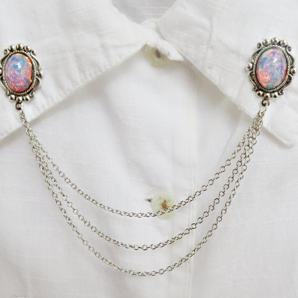 pink opal collar pins in silver, collar chain, collar brooch, lapel pin, pink opal pin, pink opal brooch