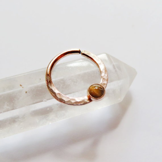 tigers eye septum ring 14k rose gold filled, gemstone hammered septum hoop, 8mm, 9mm, 10mm diameter, 20 gauge, 18 gauge, 16 gauge, tigereye