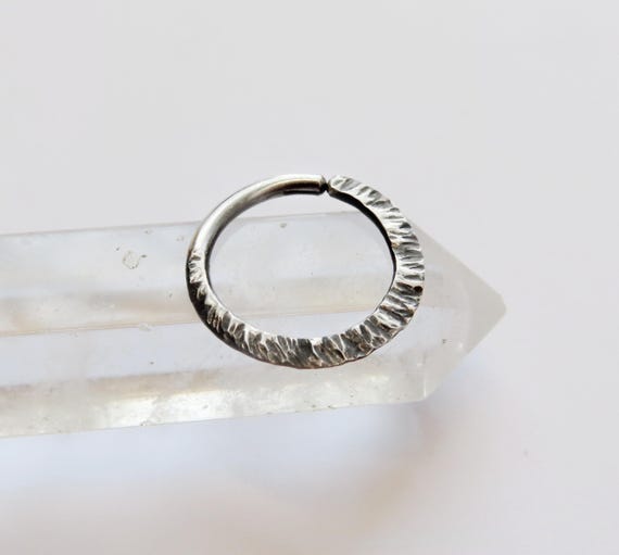 oxidized septum ring in sterling silver, hammered septum piercing hoop available in 20 gauge, 18 gauge, or 16 gauge and 8mm, 9mm, or 10mm