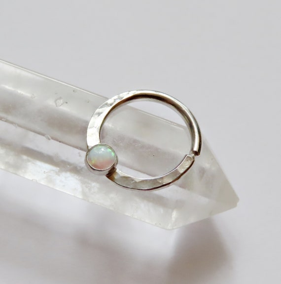 white opal septum ring, sterling silver septum ring, hammered septum ring, opal nose ring, opal septum ring, small septum ring