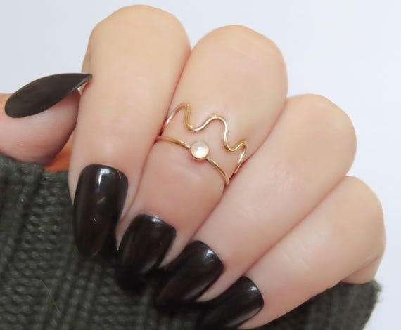 Gold filled knuckle rings, moonstone ring or squiggle midi ring, hammered stackable knuckle rings, single ring or pair in sizes 1-5